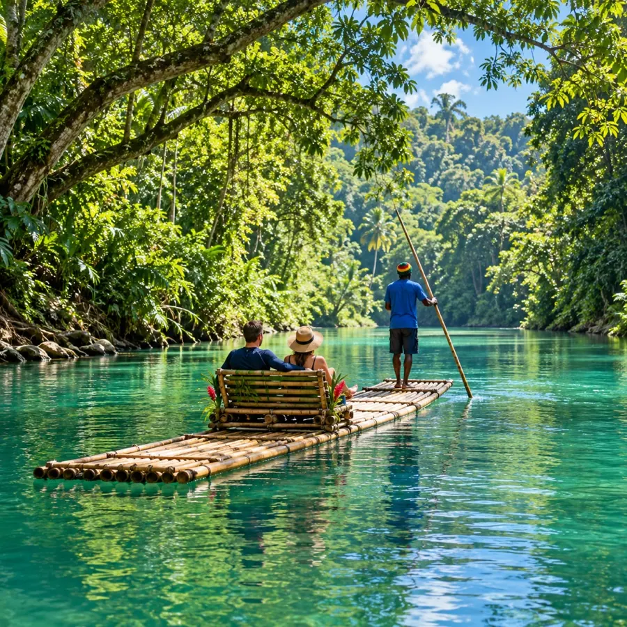 A bamboo raft on a calm jungle river
