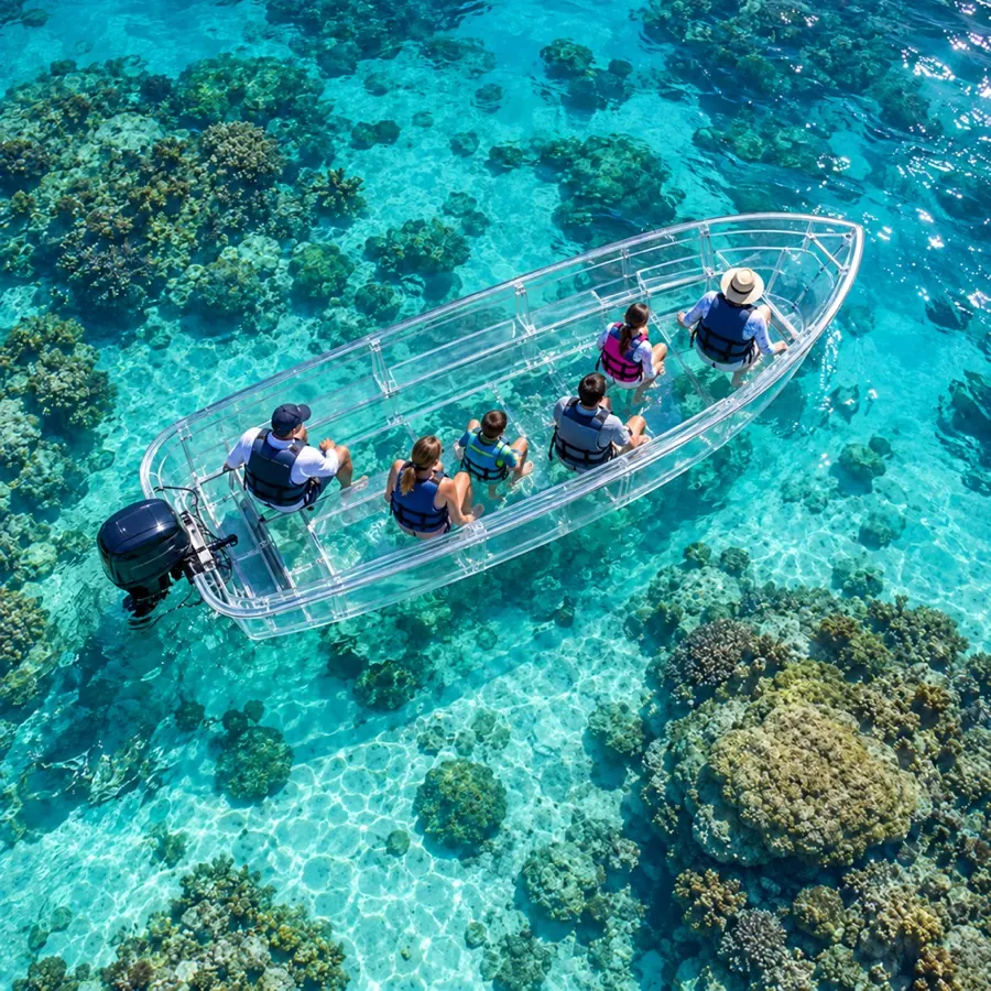 A see-through boat over turquoise water and coral