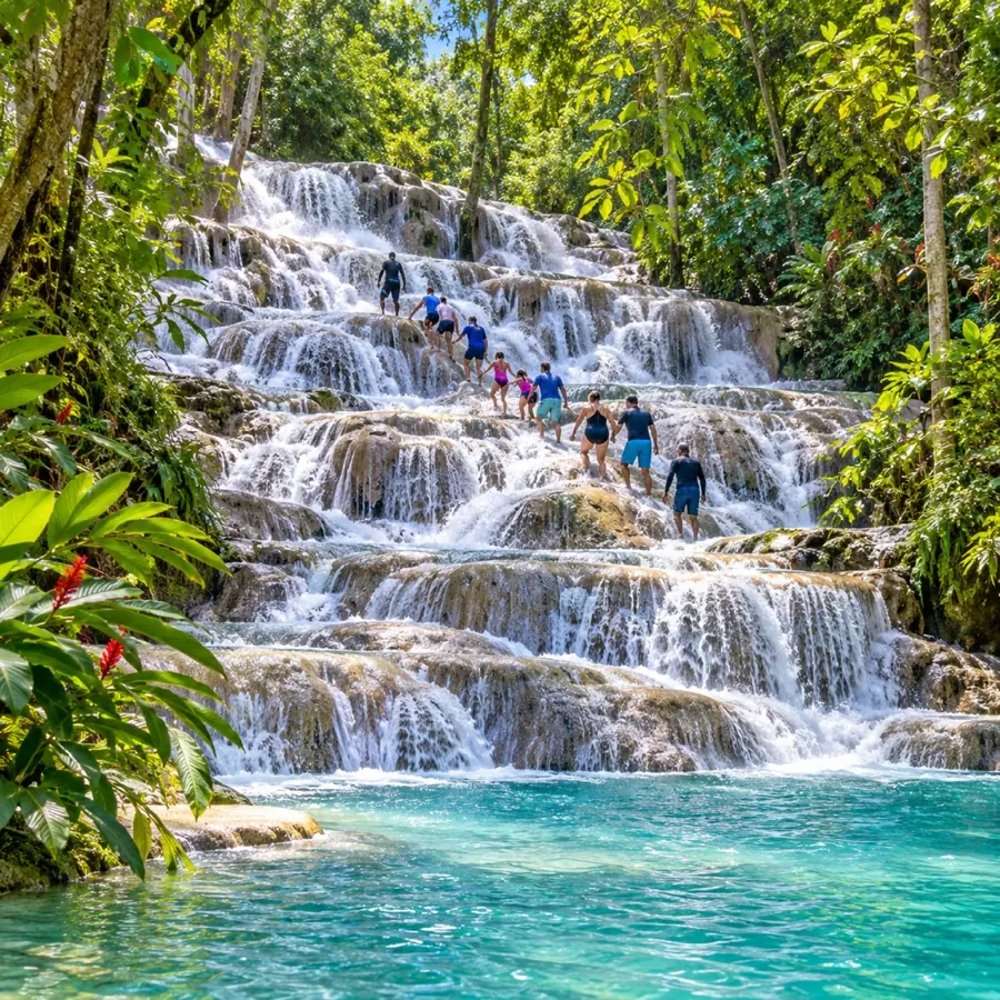 A terraced waterfall in a tropical forest