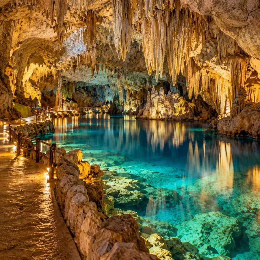 A limestone cave with an underground lake
