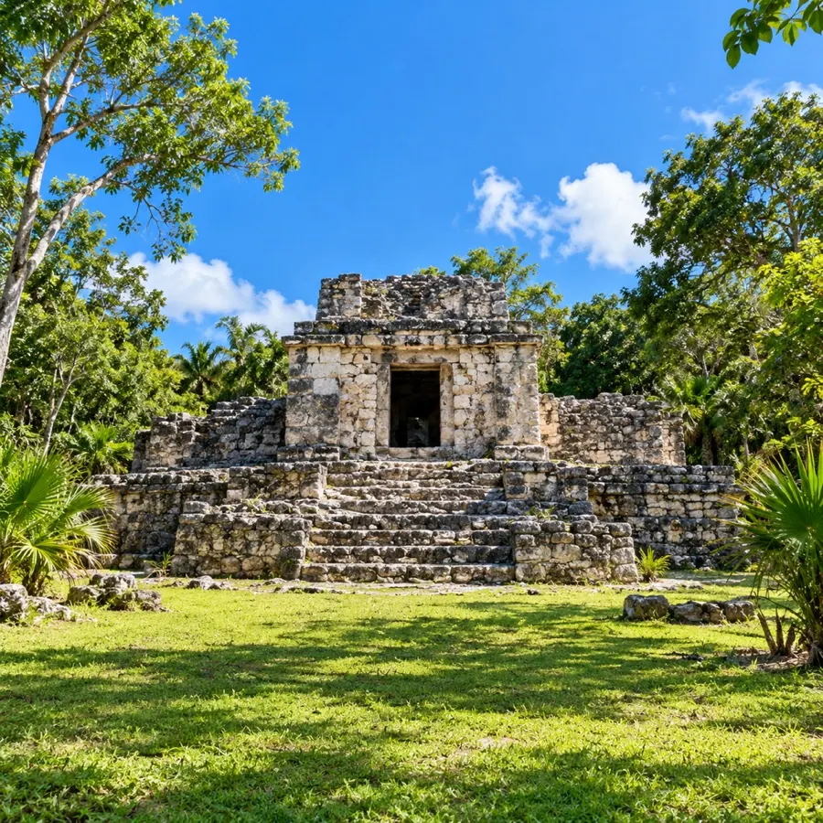 Ancient Mayan stone ruins in a jungle clearing
