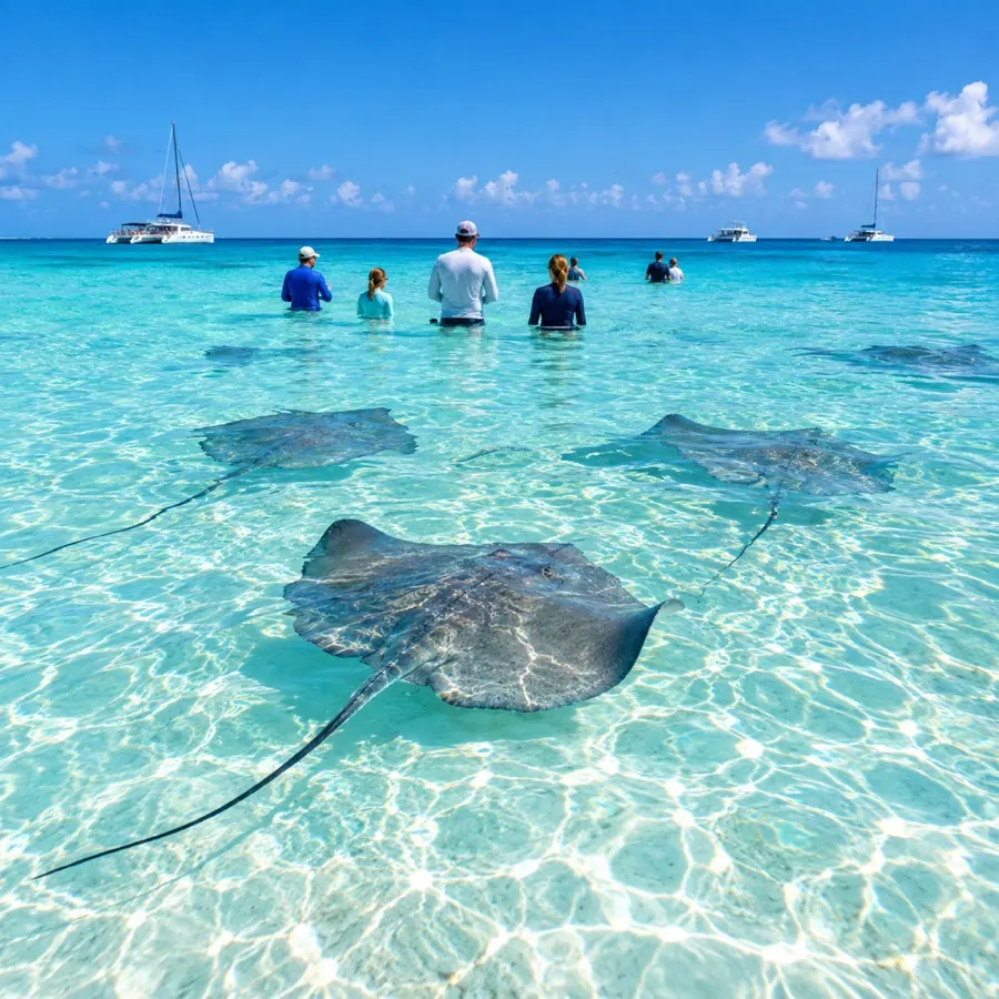 Stingrays gliding over a turquoise sandbar